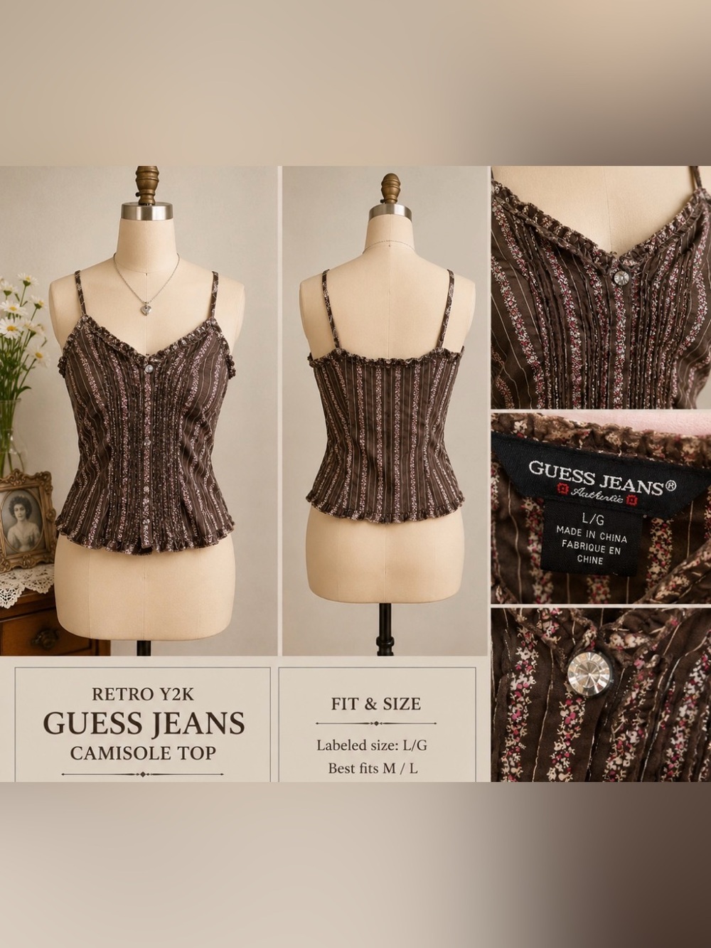 Guess - vintage 90s Y2K / cotton Brown Floral Stripe Camisole Top